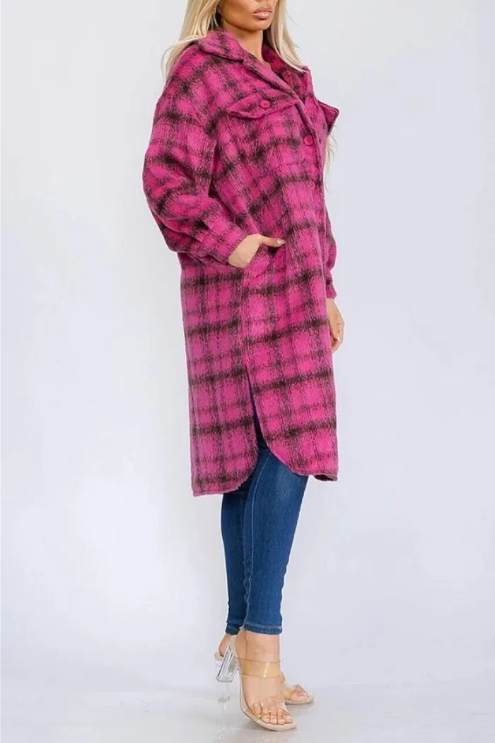 Long Sleeve Button Up Pockets Plaid Coat