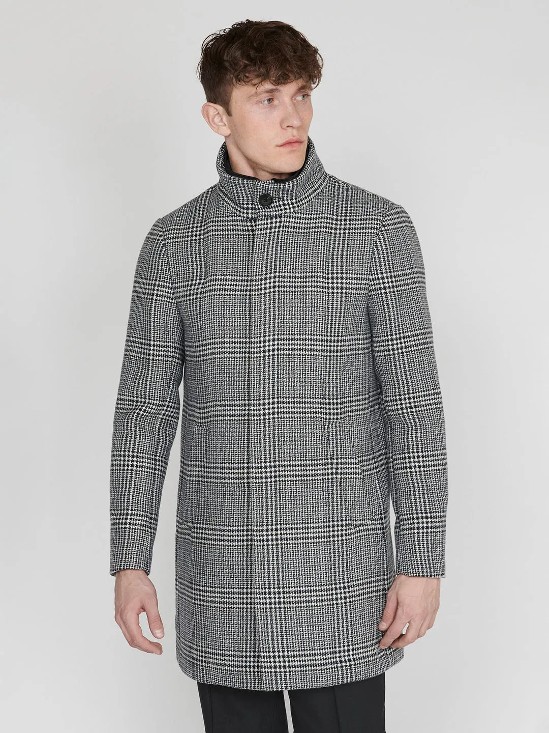 Matinique Men Black Checked Stand Collar Long Sleeves Overcoat