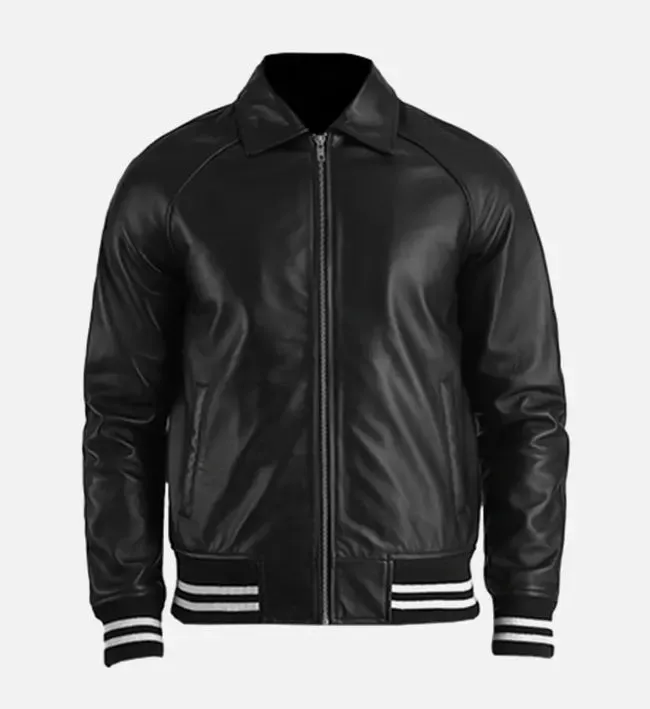 Men's Black Leather Plain Varsity Jacket