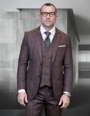 NORMAN BROWN PLAID 3 PC MODERN FIT SUIT