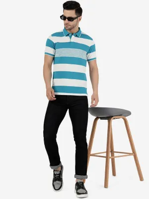 Ocean Blue & White Striped Slim Fit Polo T-Shirt | Greenfibre