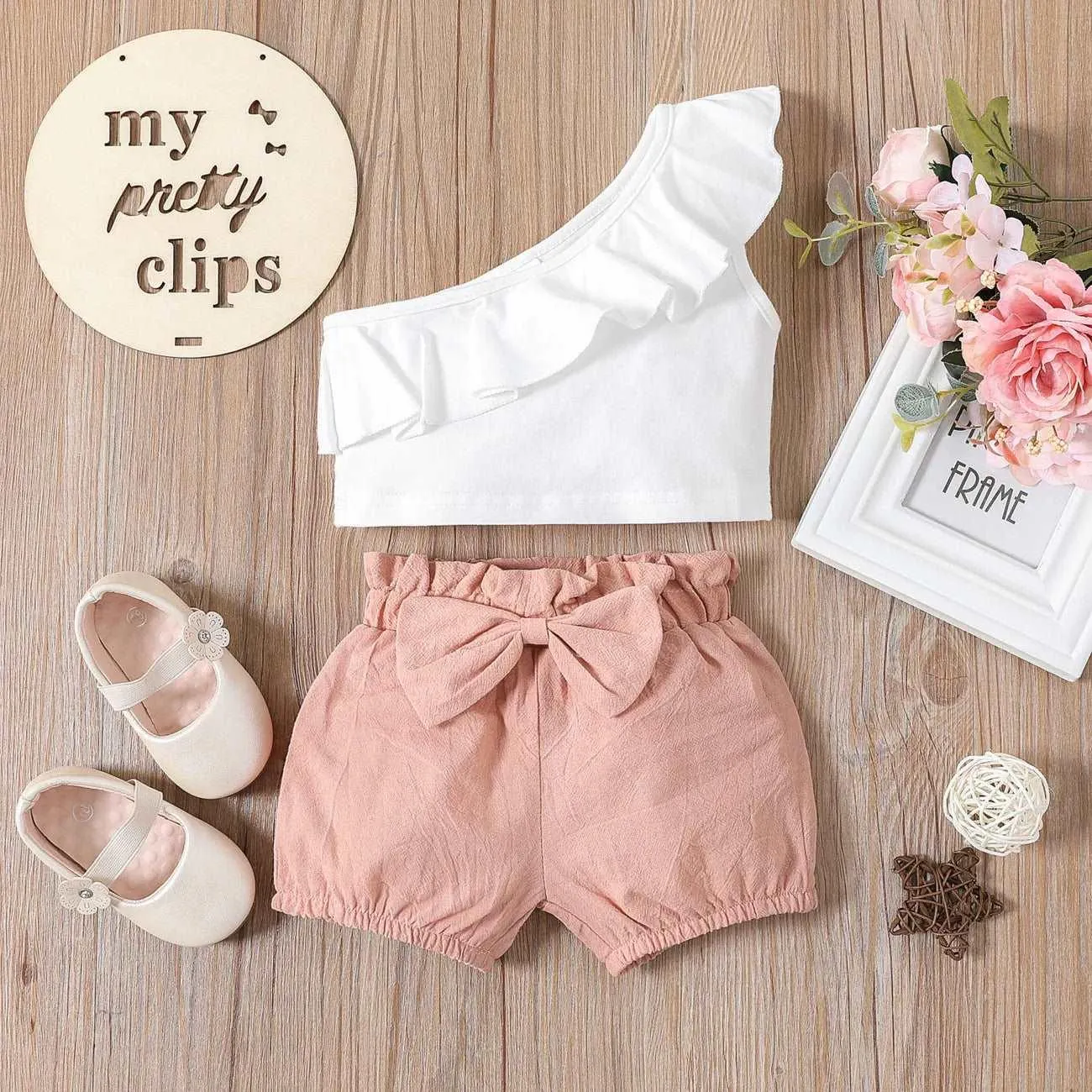 One Shoulder Ruffle Top   Bloomers Shorts Set - Baby Girl (2Pcs)