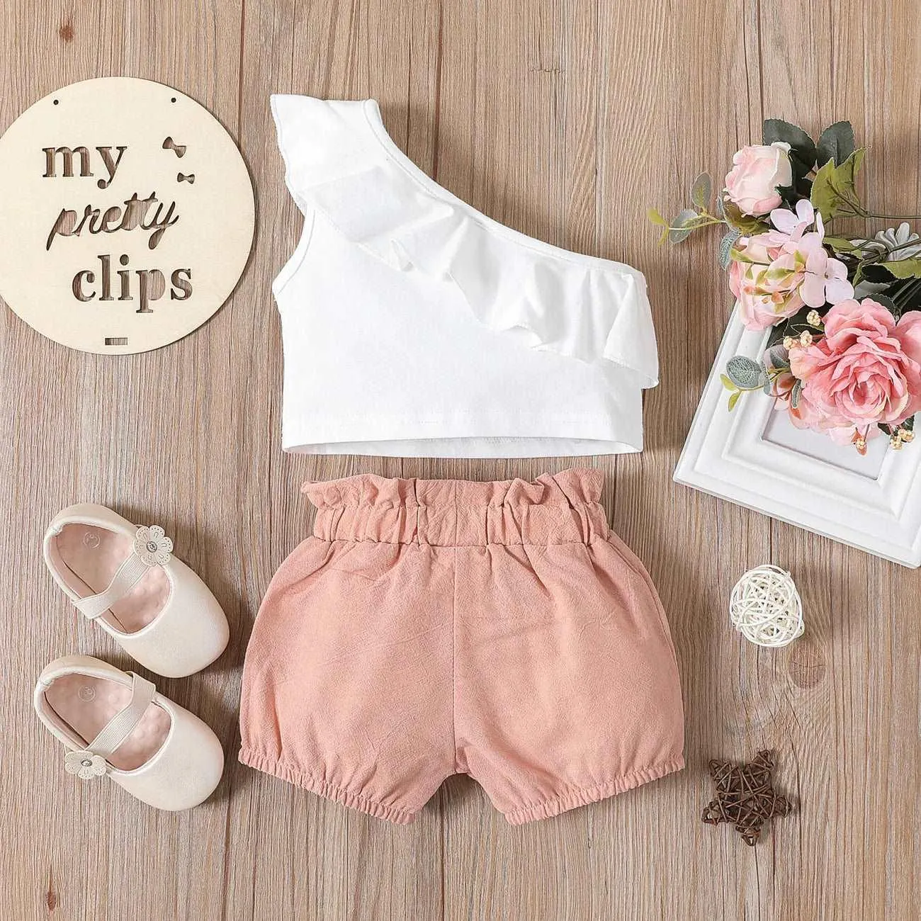 One Shoulder Ruffle Top   Bloomers Shorts Set - Baby Girl (2Pcs)