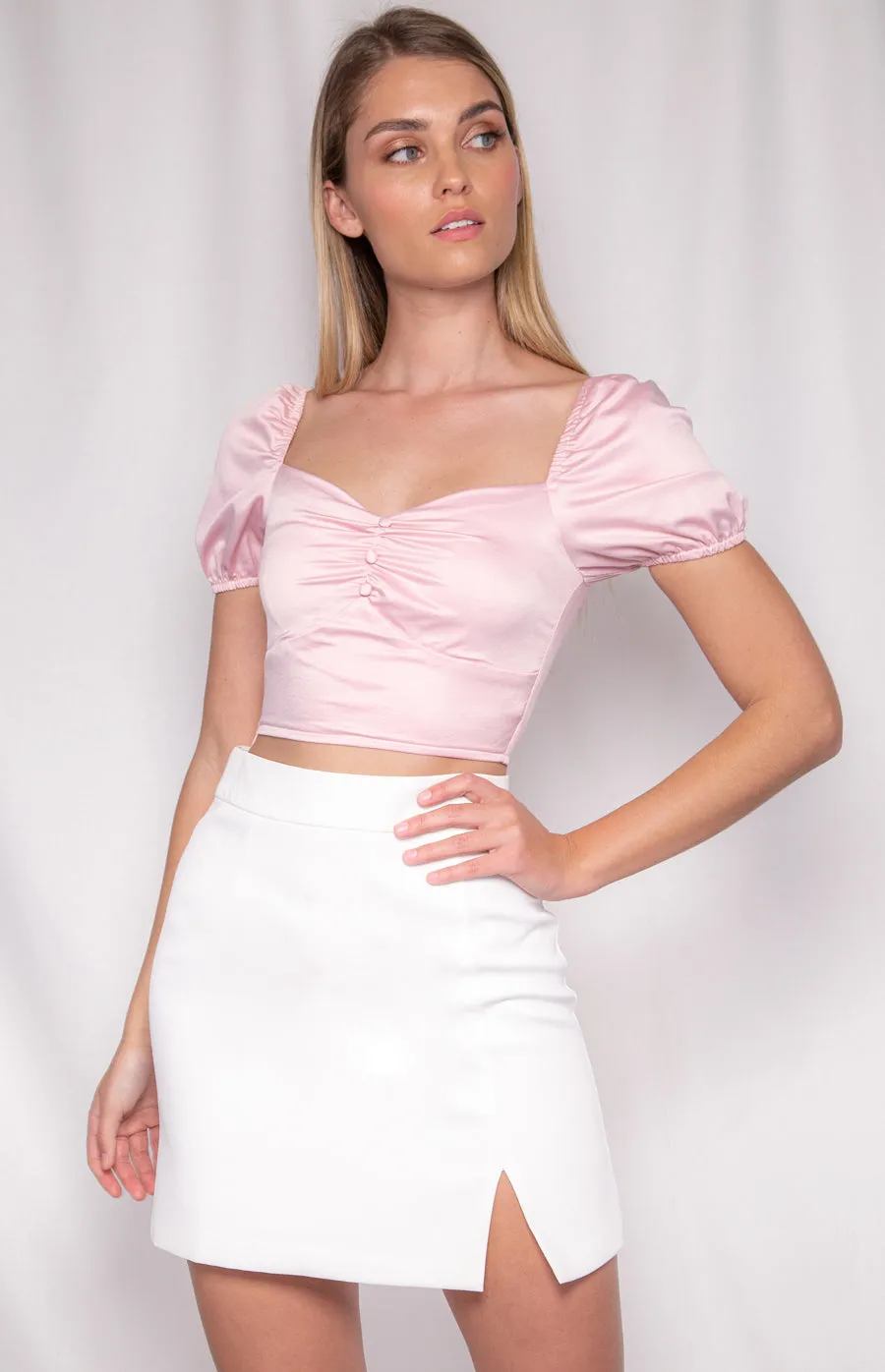 Pink Satin Crop With Bubble Sleeves And Button Details