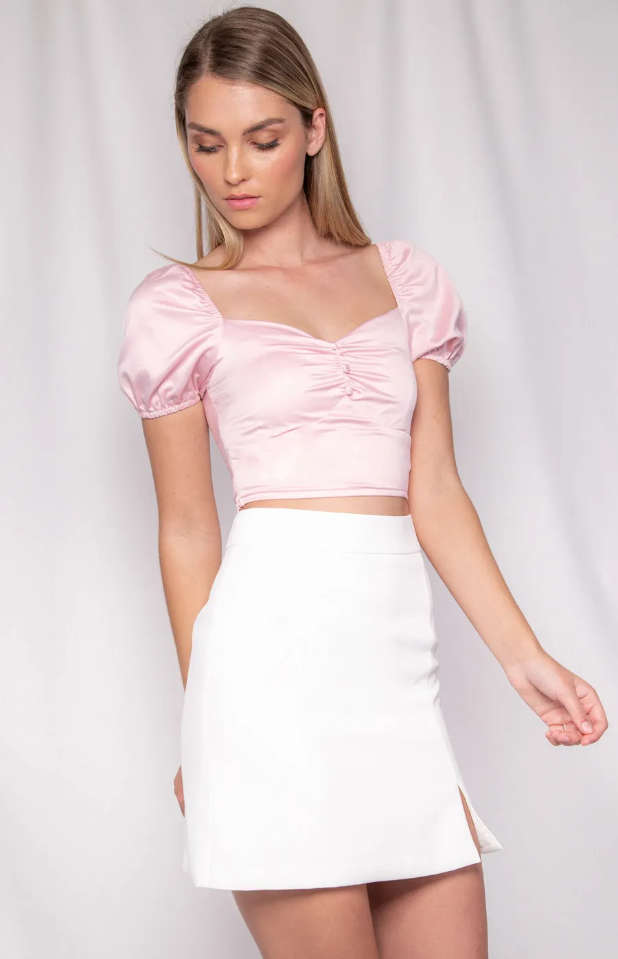 Pink Satin Crop With Bubble Sleeves And Button Details