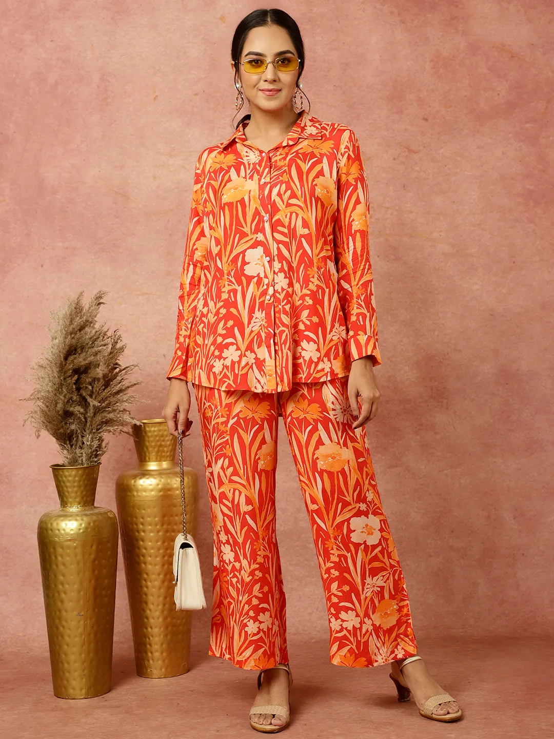 Red Tropical Floral Printed Shirt With Pants Co-ord Set