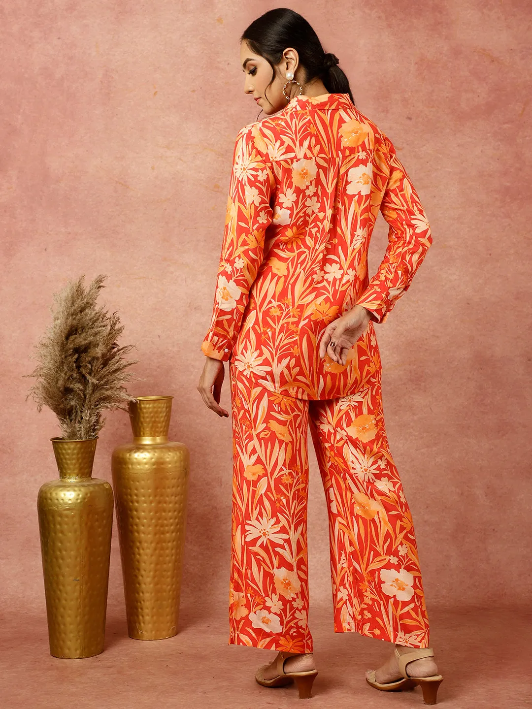 Red Tropical Floral Printed Shirt With Pants Co-ord Set