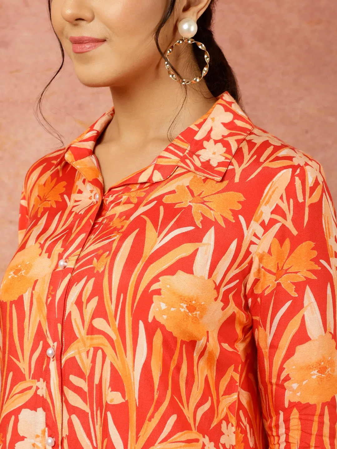 Red Tropical Floral Printed Shirt With Pants Co-ord Set