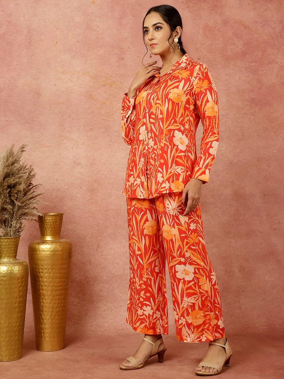 Red Tropical Floral Printed Shirt With Pants Co-ord Set