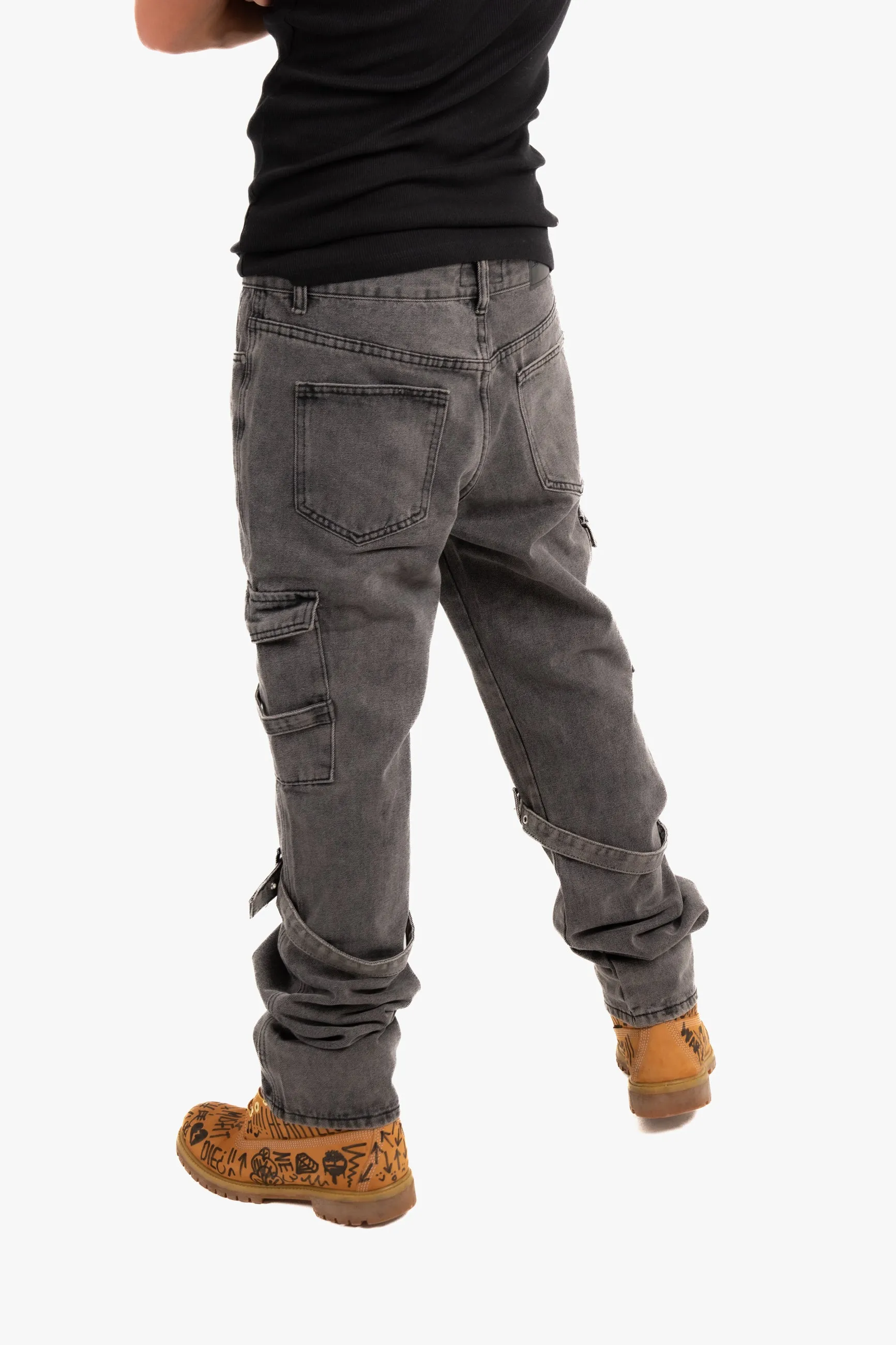 Relaxed Cargo Jean with Strap in Black Wash