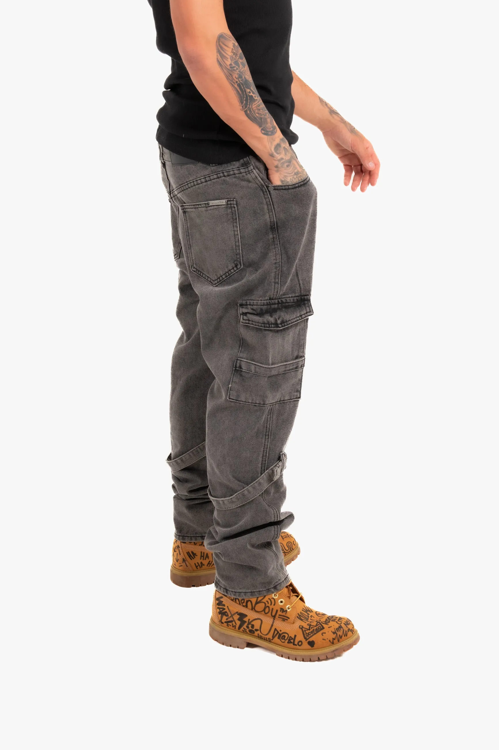 Relaxed Cargo Jean with Strap in Black Wash