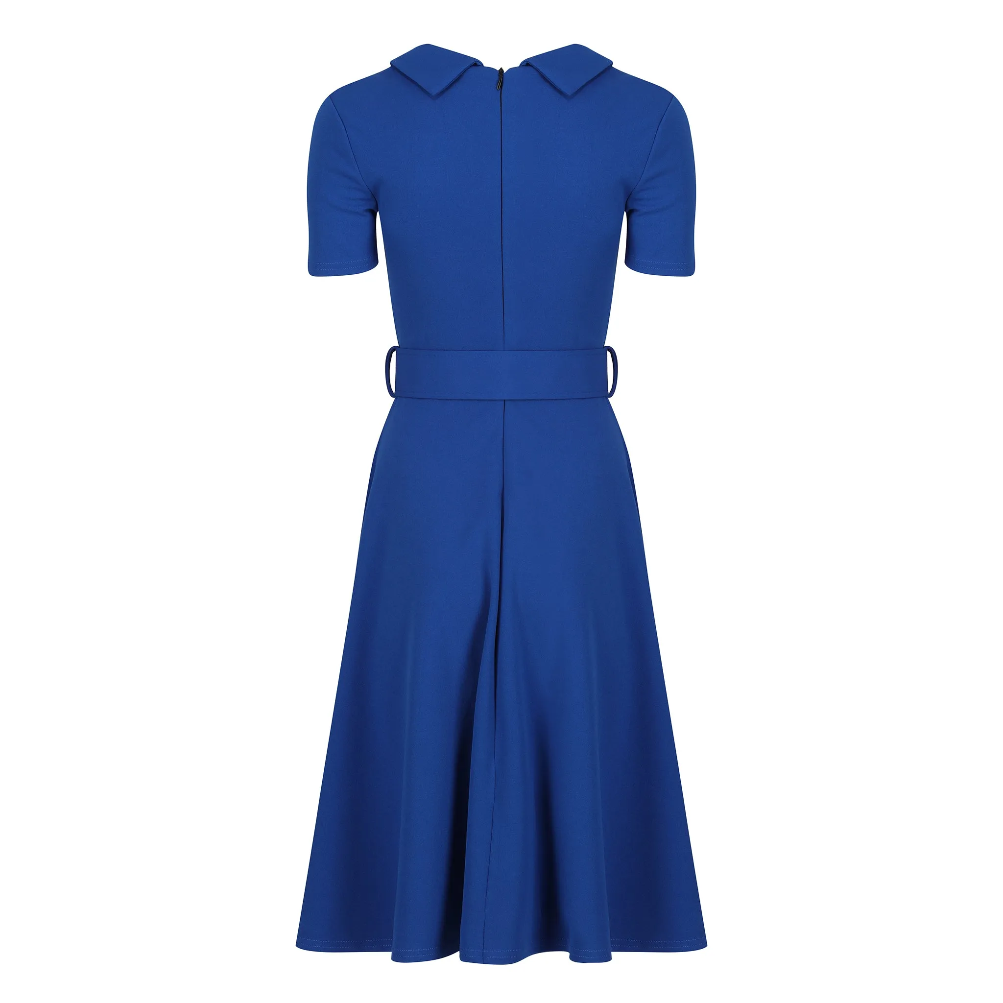 Royal Blue Belted Midi Swing Dress With Collared V Neck