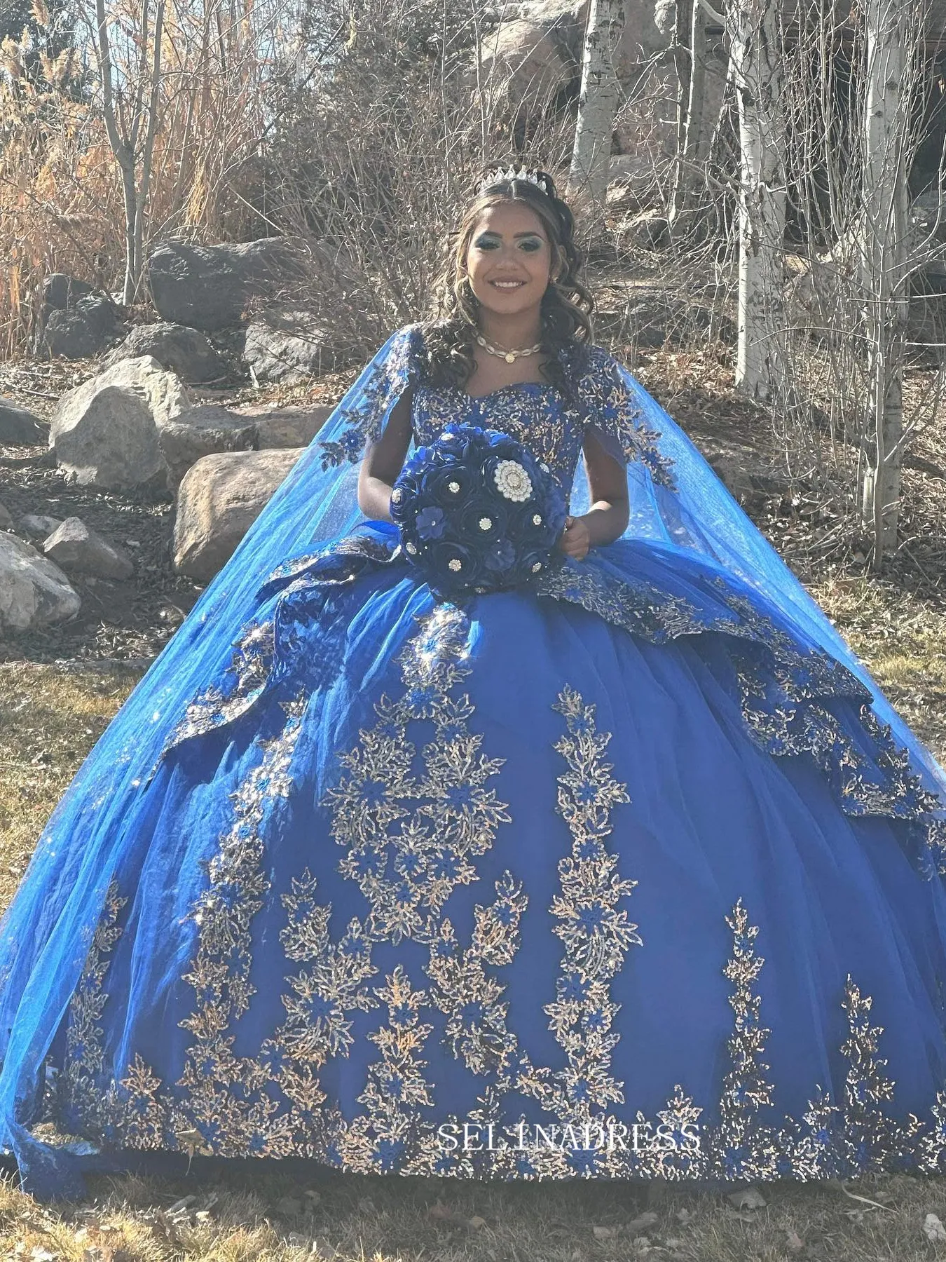 Royal Blue Quince Dress with Cathedral Train Cape Princess Wedding Dress Evening Gowns sew1093