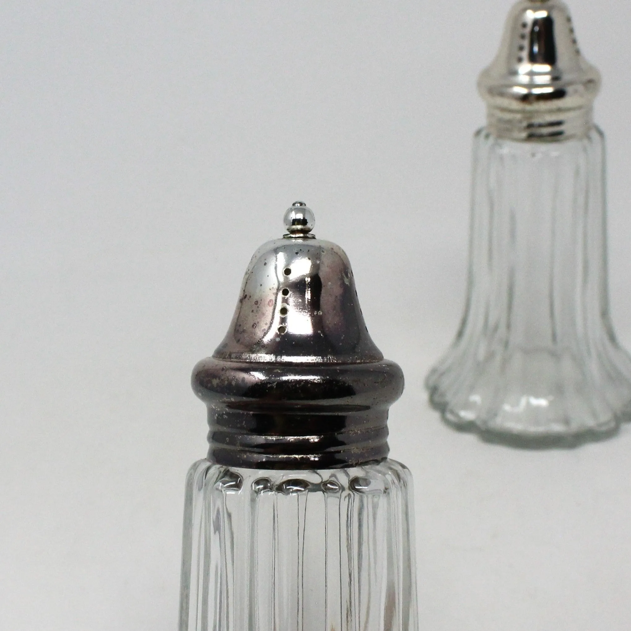 Salt and Pepper Shakers, Ribbed Fluted Glass with Silverplate Tops, Hong Kong, Vintage