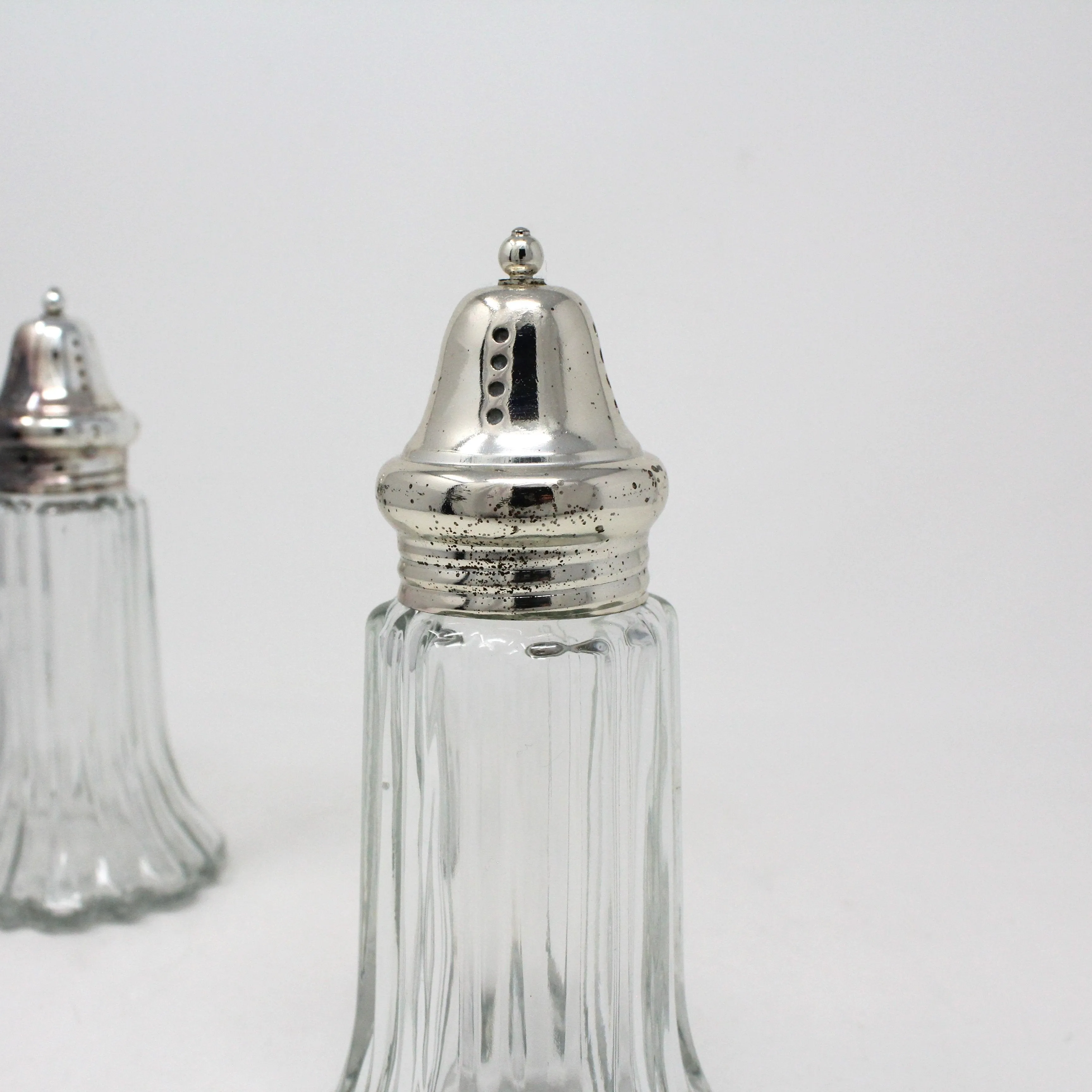 Salt and Pepper Shakers, Ribbed Fluted Glass with Silverplate Tops, Hong Kong, Vintage