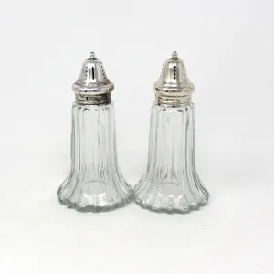 Salt and Pepper Shakers, Ribbed Fluted Glass with Silverplate Tops, Hong Kong, Vintage