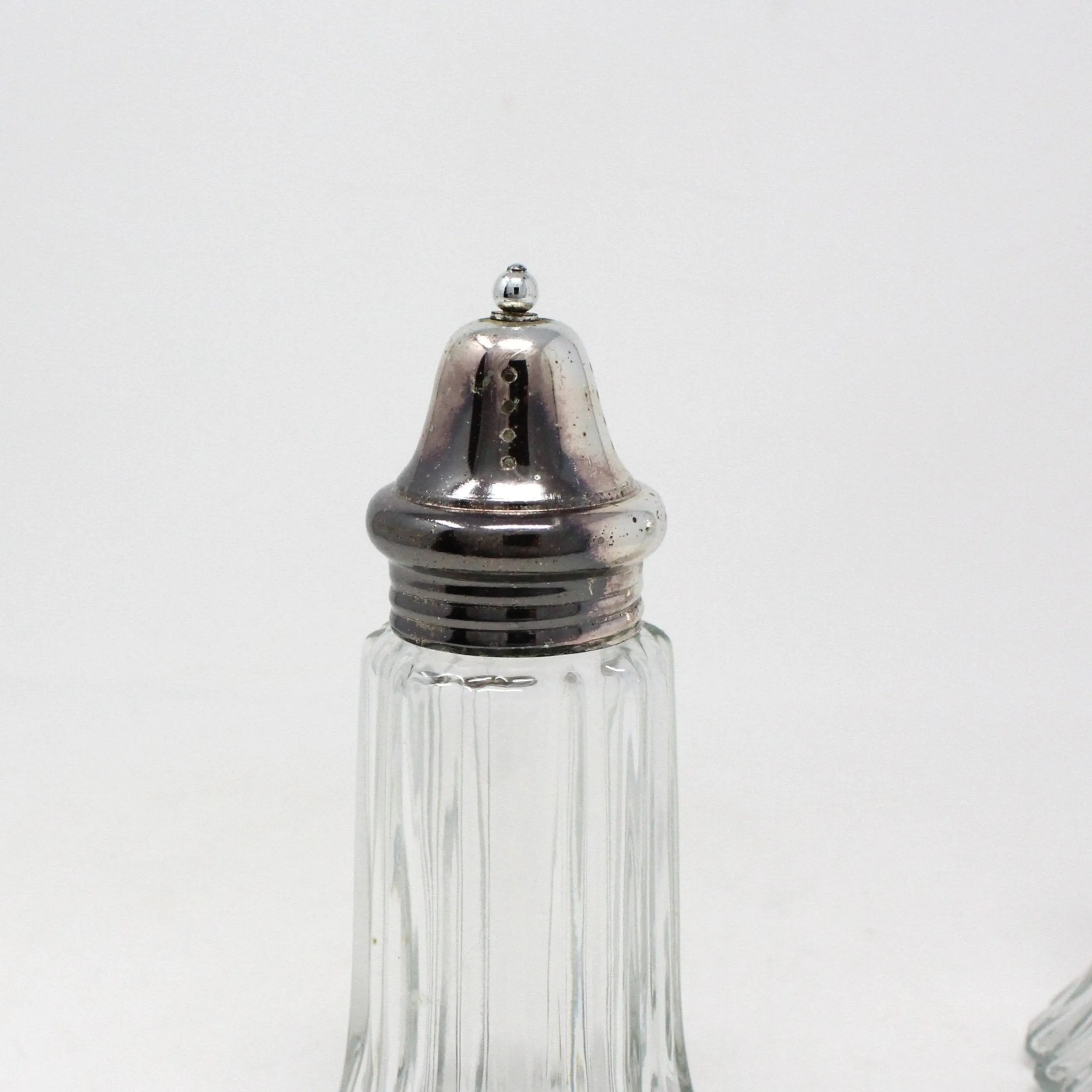 Salt and Pepper Shakers, Ribbed Fluted Glass with Silverplate Tops, Hong Kong, Vintage