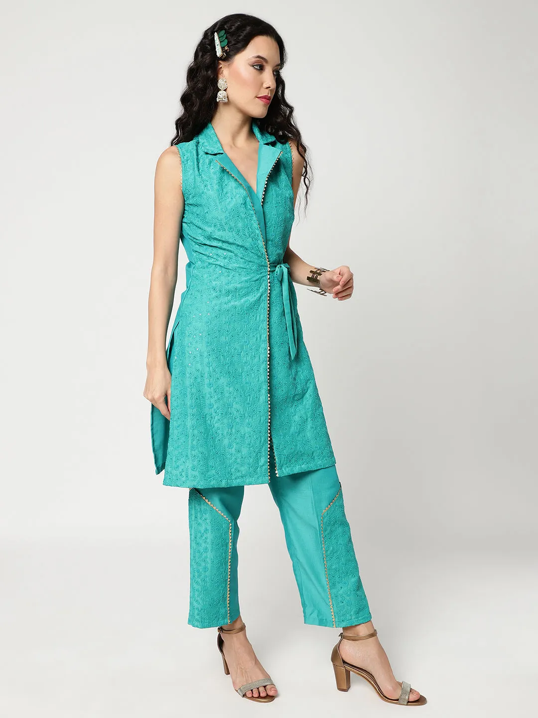 Self Embroidered Long Sleeveless Top With Waist Tie-Up And Stylish Pants Set Having Lace Details