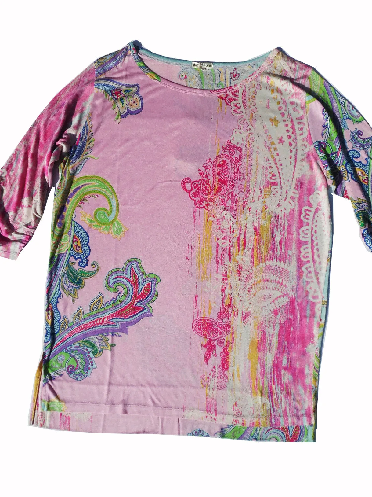 Silk Cotton Long 3/4 Sleeve Tee Pink Paisley