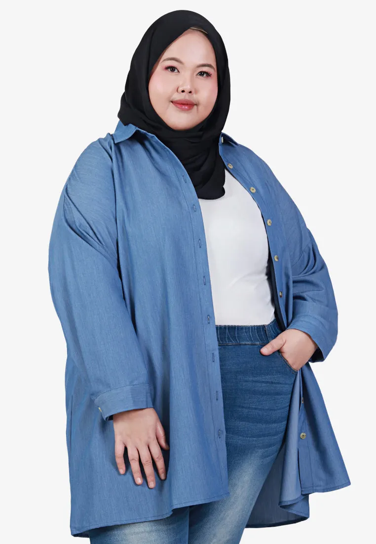 Stephanie Statement Long Oversized Outerwear Shirt - Denim Blue