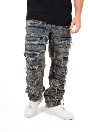 Stonewash Stacked Frayed Denim Jeans