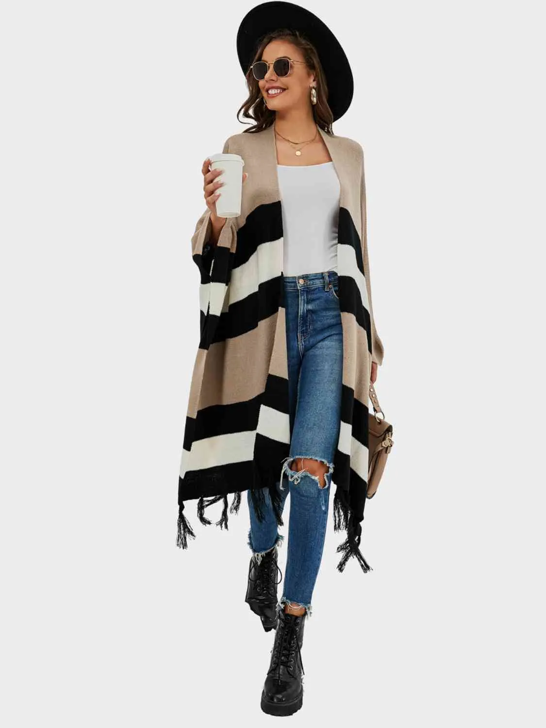 Striped Open Front Fringe Cardigan