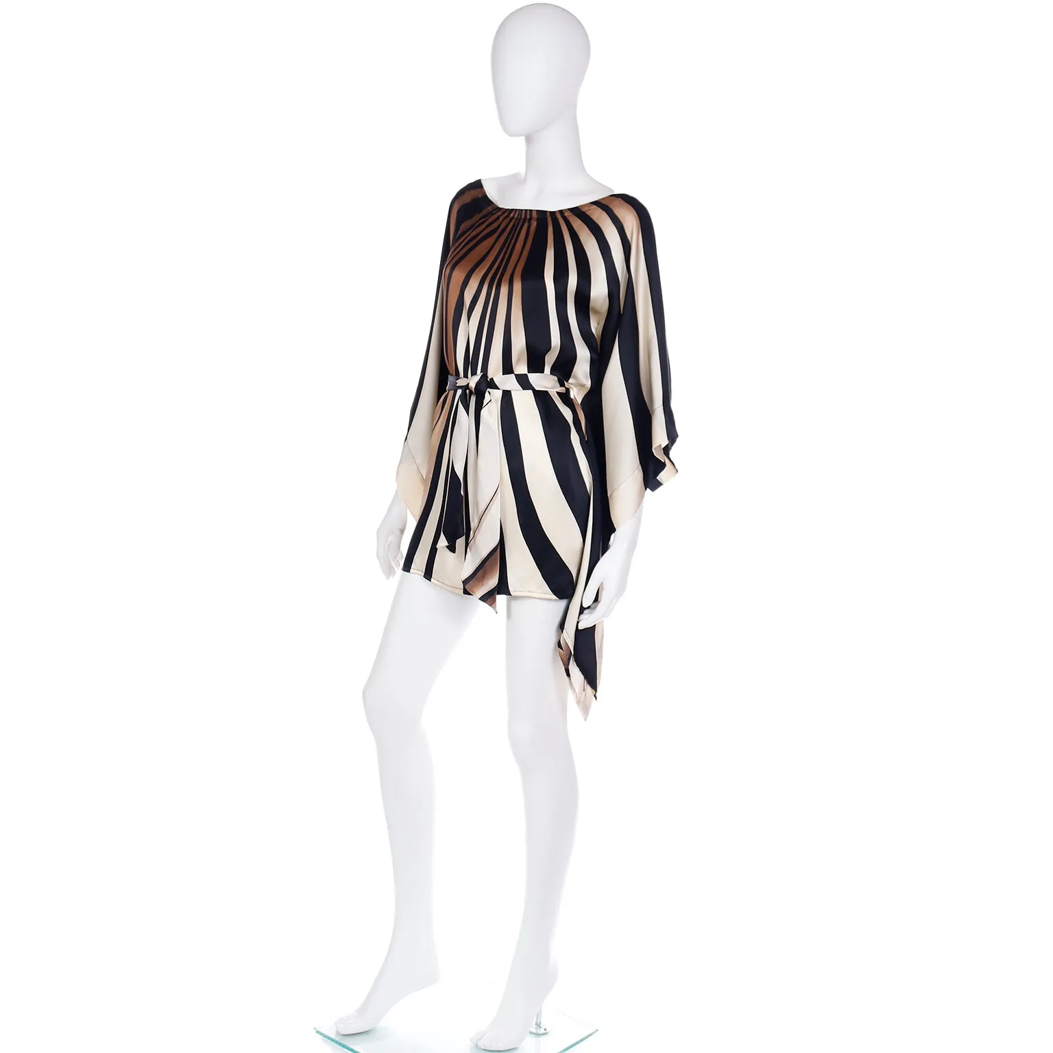 Striped Silk Vintage Caftan Style Top W/ Sash in Brown Black & Ivory