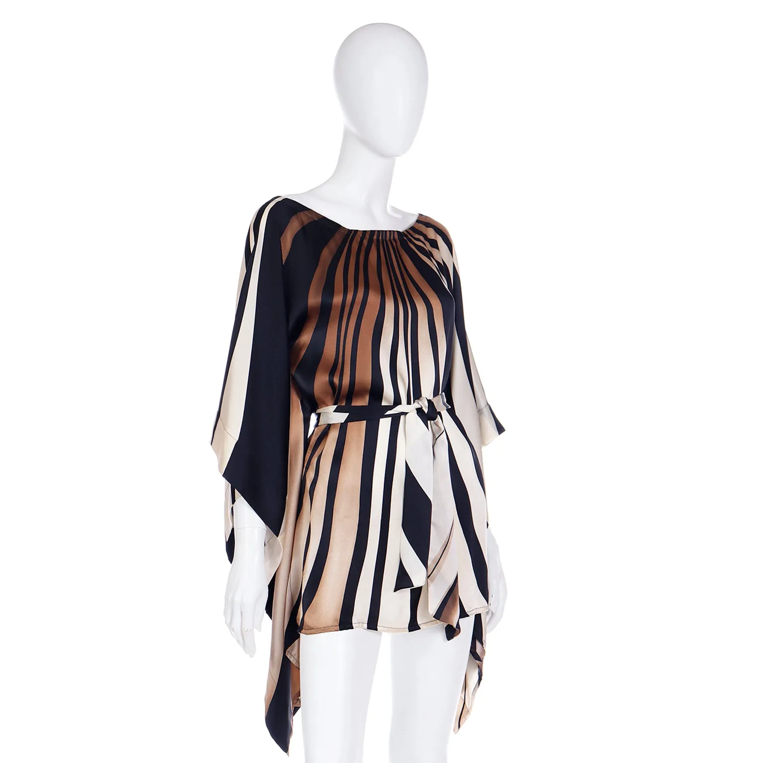 Striped Silk Vintage Caftan Style Top W/ Sash in Brown Black & Ivory