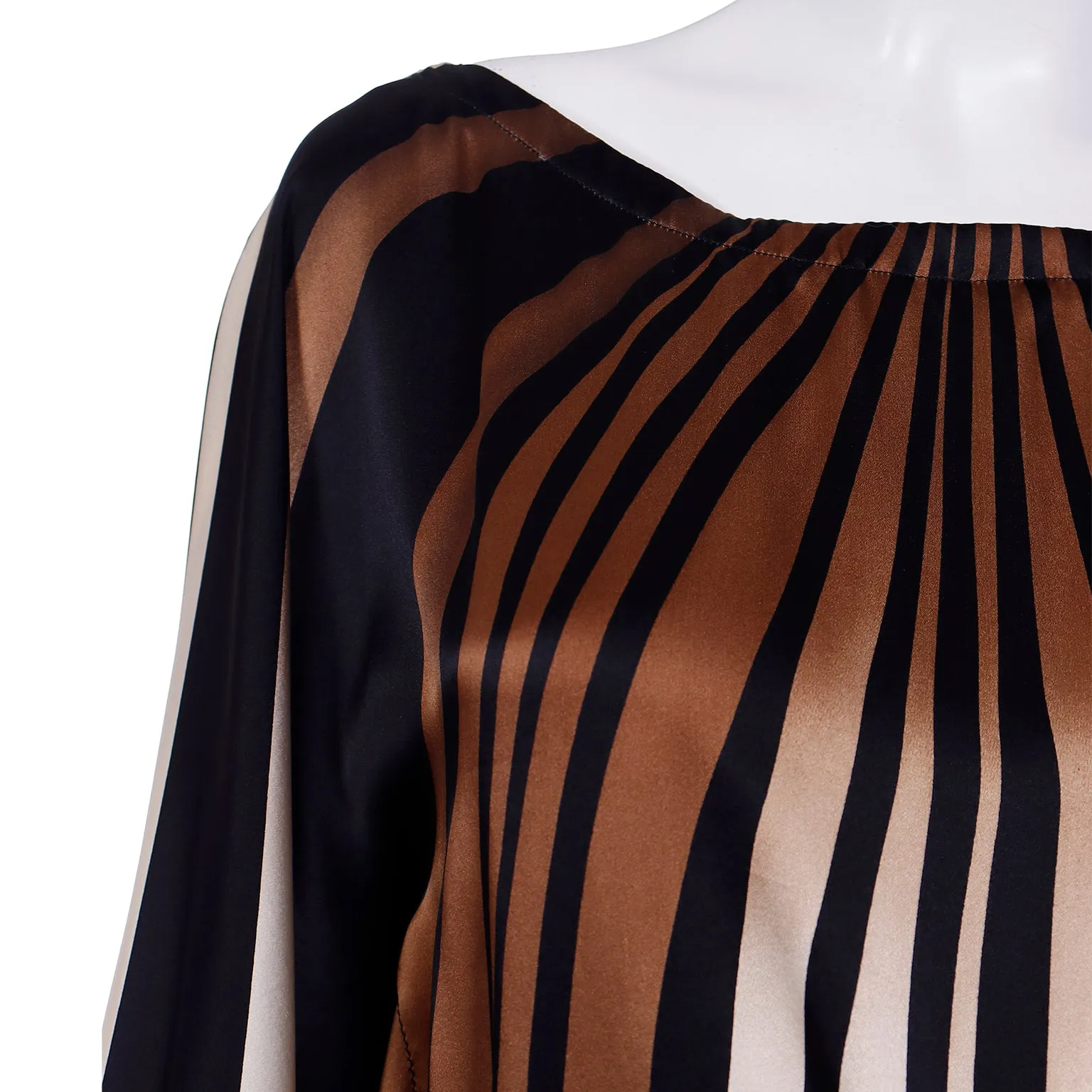 Striped Silk Vintage Caftan Style Top W/ Sash in Brown Black & Ivory