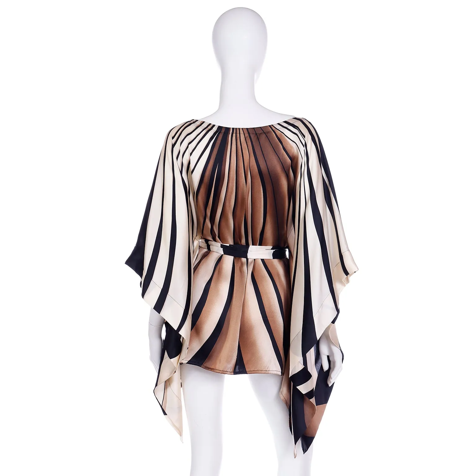 Striped Silk Vintage Caftan Style Top W/ Sash in Brown Black & Ivory