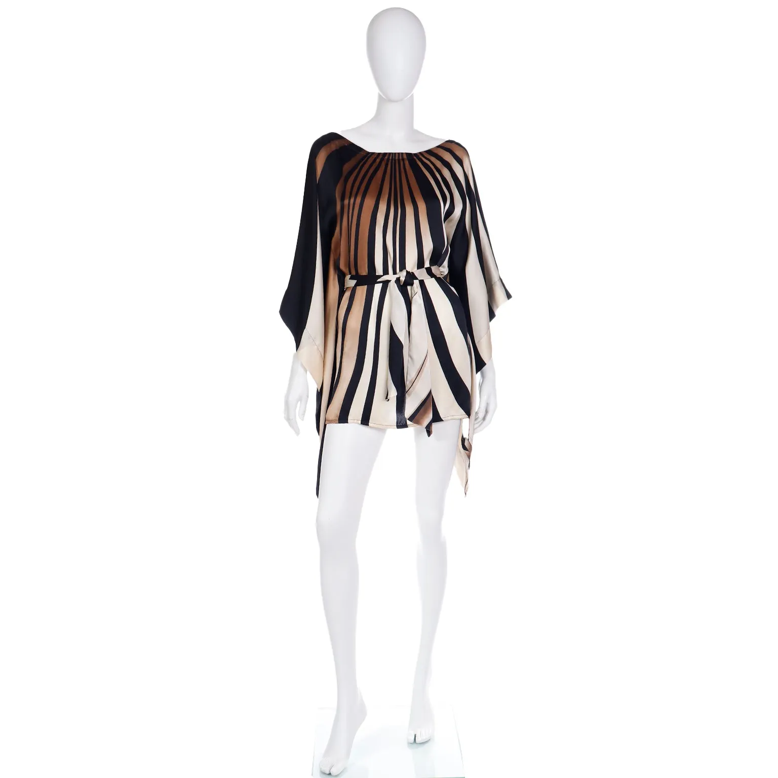 Striped Silk Vintage Caftan Style Top W/ Sash in Brown Black & Ivory