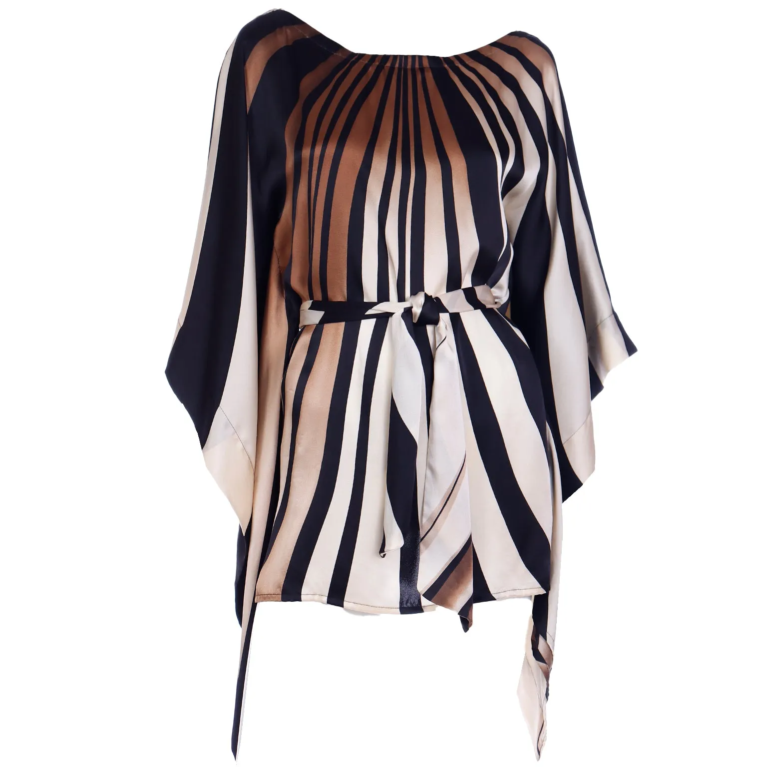 Striped Silk Vintage Caftan Style Top W/ Sash in Brown Black & Ivory