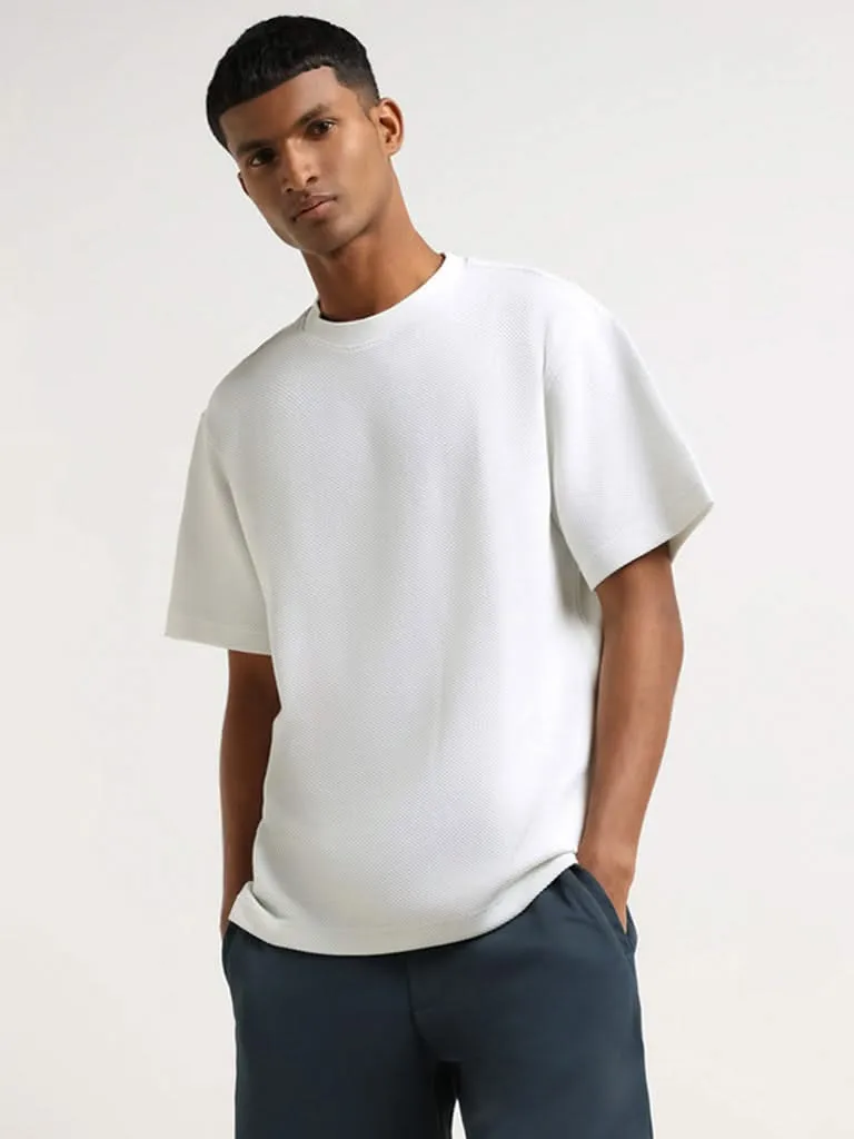 Studiofit White Self Pattern Cotton Blend Relaxed Fit T-Shirt