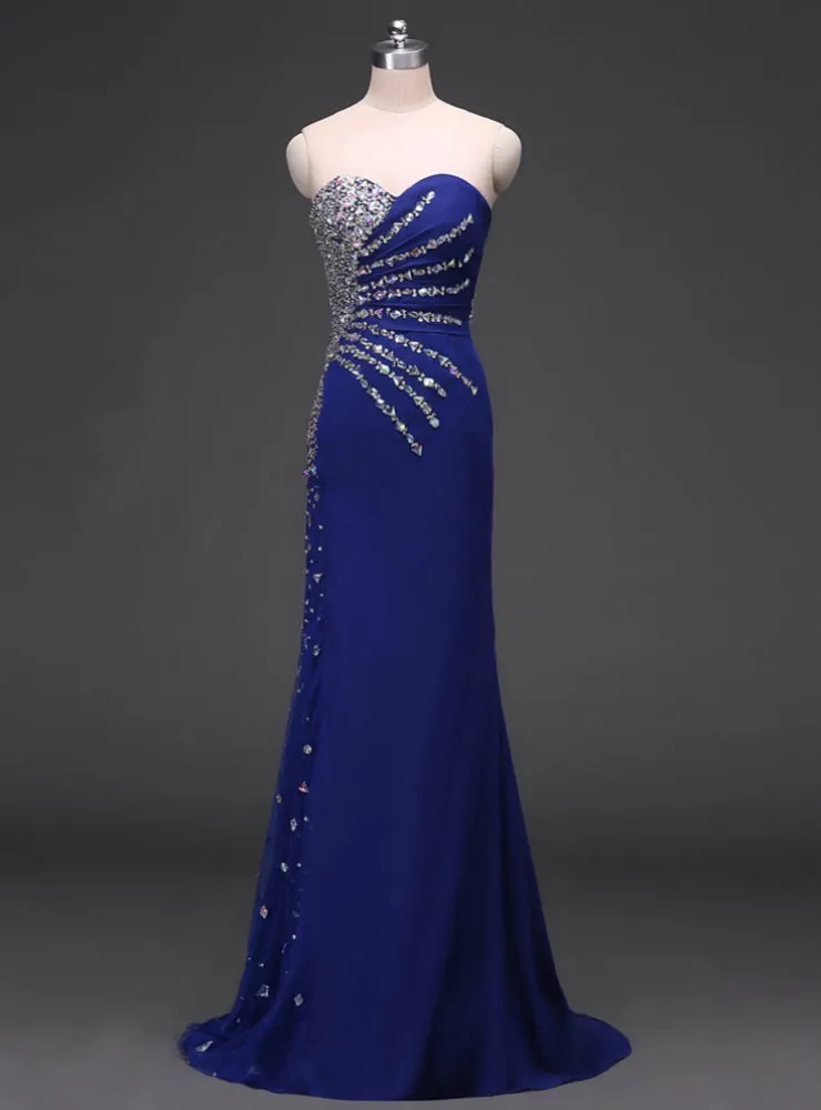 Sweetheart Mermaid Chiffon Beaded Royal Blue Evening Dresses Long