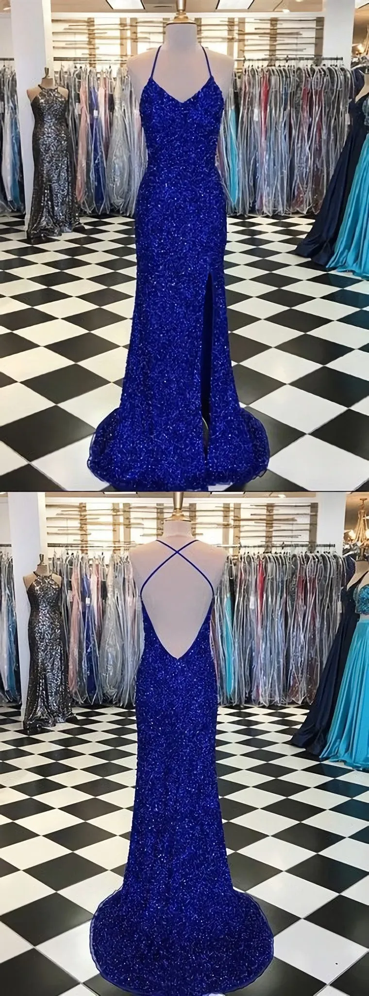 Trumpet Mermaid Royal Blue Long Prom Dresses Spaghetti Straps Beading Evening Gowns