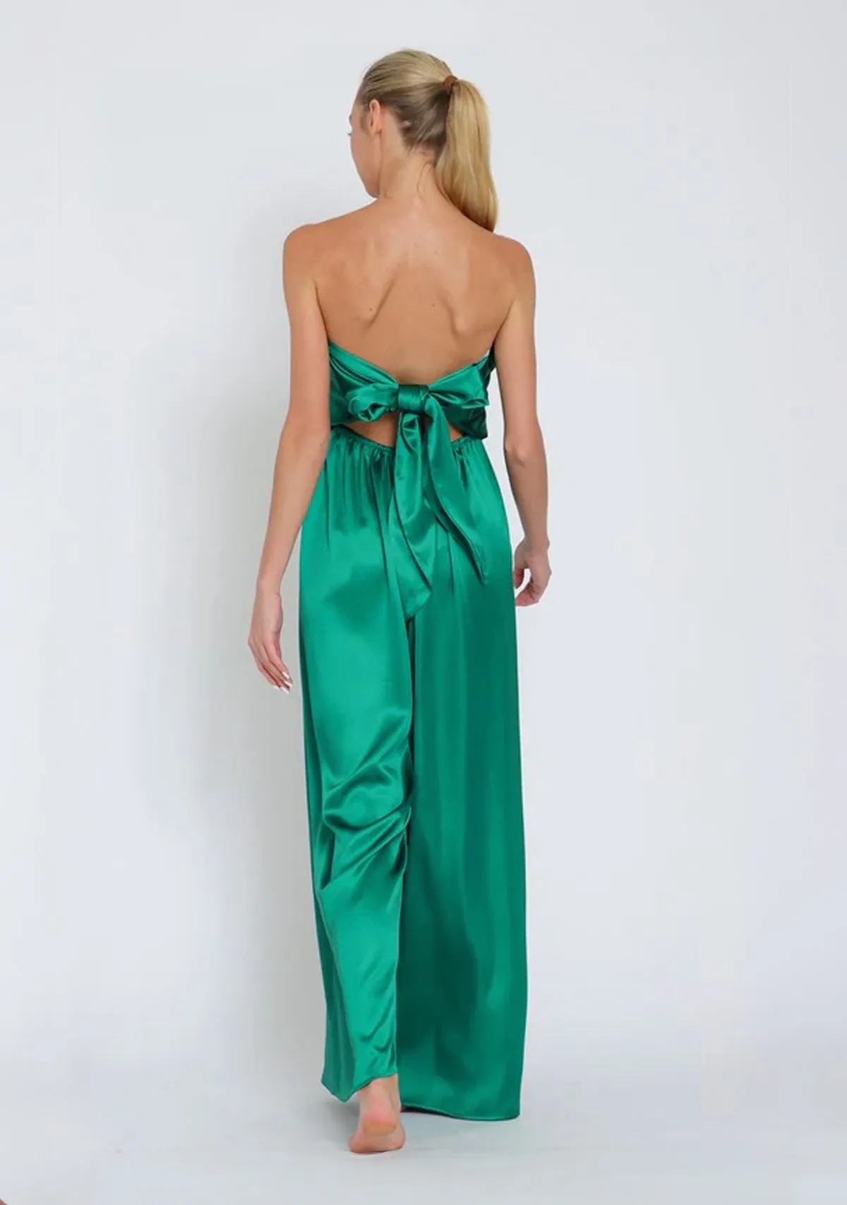 Tube Bow Top Detailing Elastic Back Waisted Jumpsuit Green