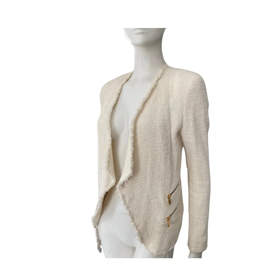 Tweed Frayed Biker Blazer Cream SIZE S