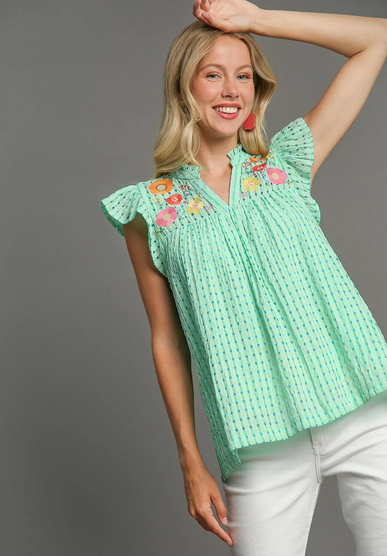 Umgee Checkered Seersucker Top with Embroidery Details in Green