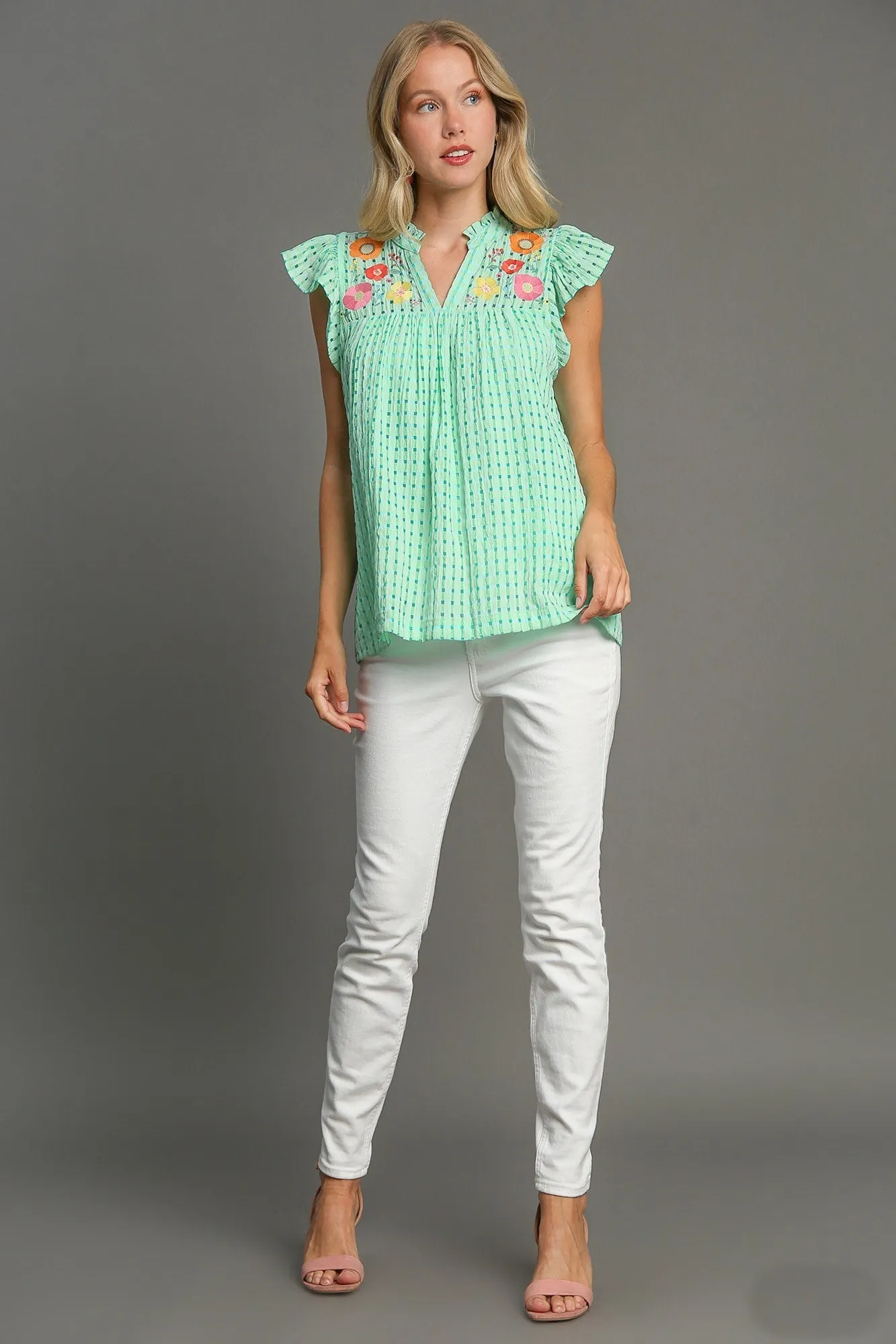 Umgee Checkered Seersucker Top with Embroidery Details in Green