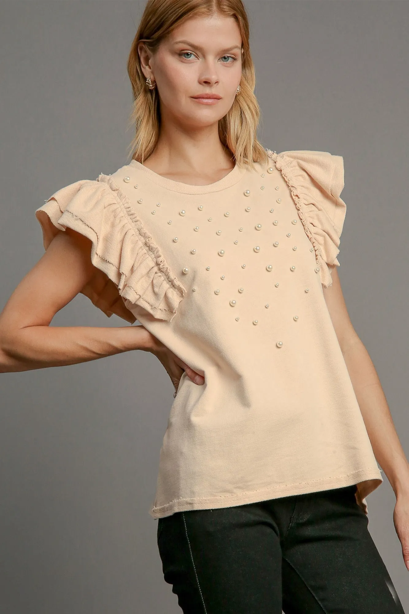 Umgee French Terry Knit Top with Pearl Details in Natural