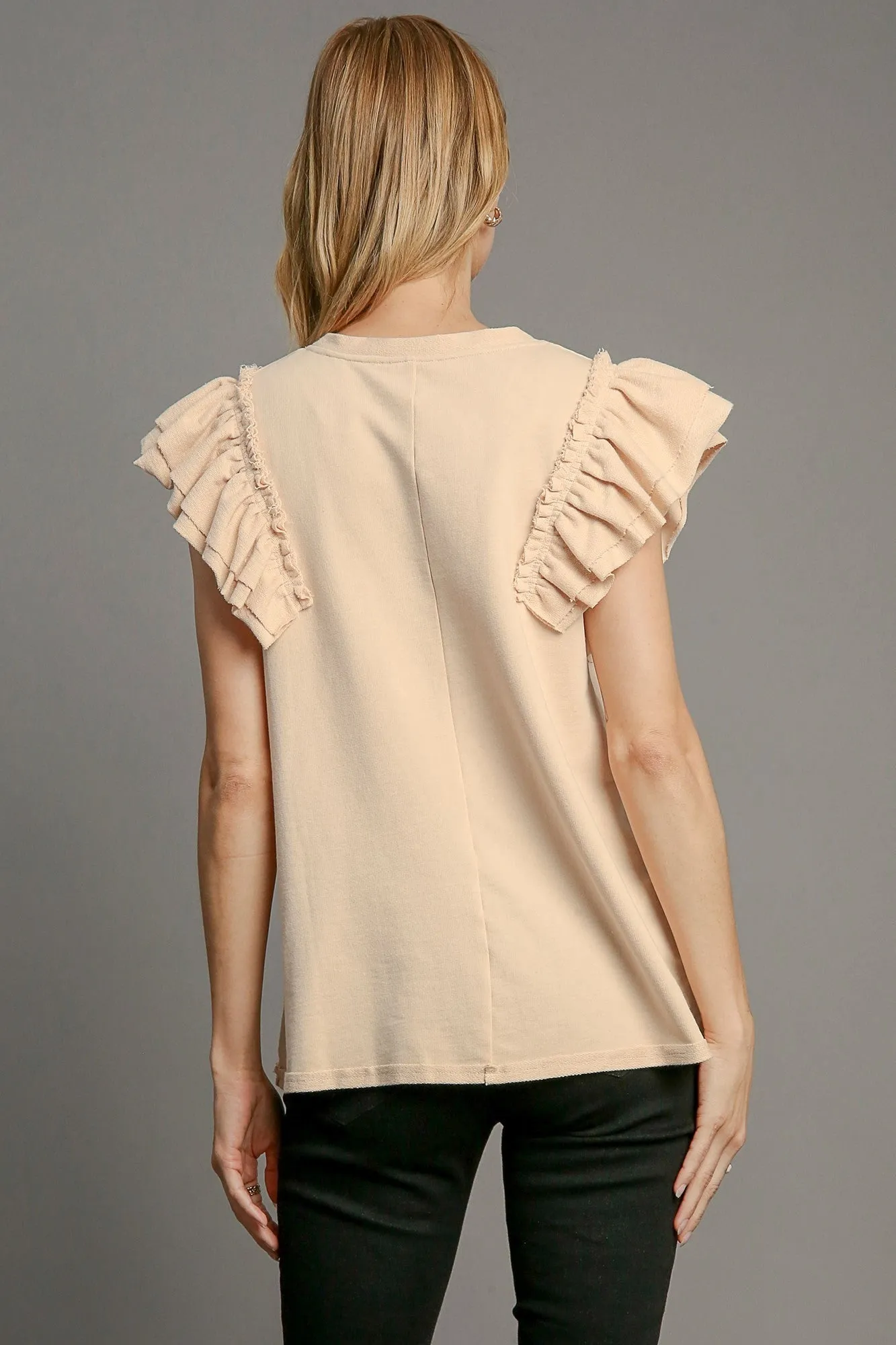 Umgee French Terry Knit Top with Pearl Details in Natural