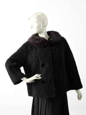 vintage 50s faux Persian lamb coat with fur trim