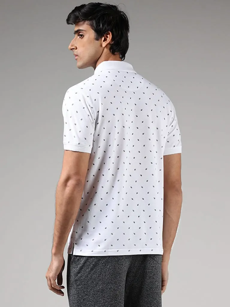 WES Casuals White Leaf Printed Slim-Fit Polo T-Shirt