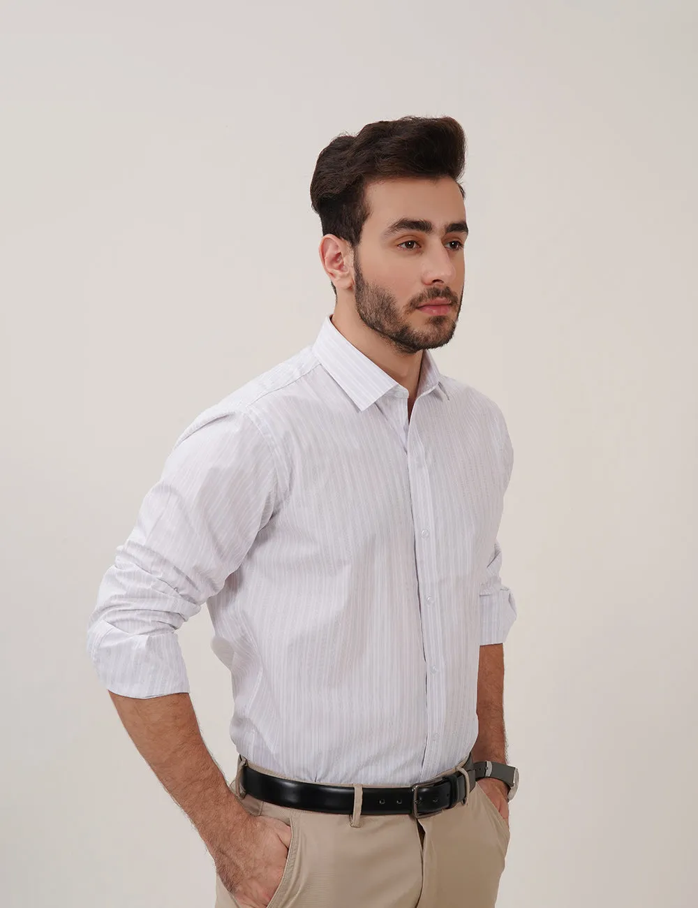 White Dress Shirt with Grey Lining for Men