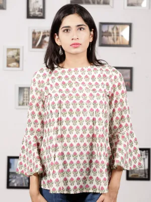 White Green Pink Hand Block Printed Cotton Top With Pleat Details - T23F1057