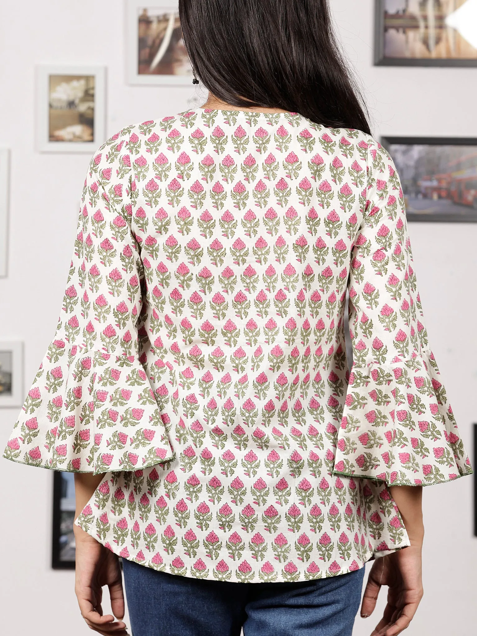 White Green Pink Hand Block Printed Cotton Top With Pleat Details - T23F1057