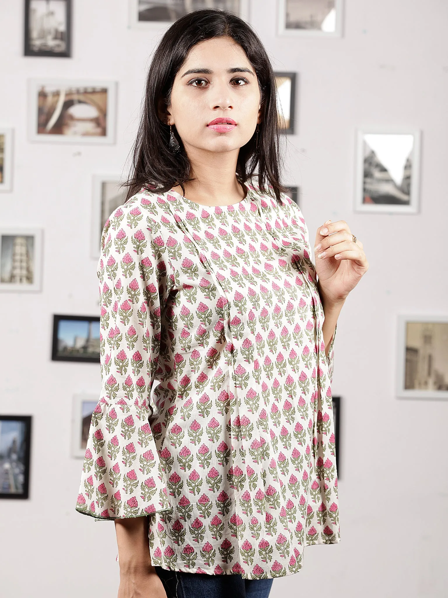 White Green Pink Hand Block Printed Cotton Top With Pleat Details - T23F1057