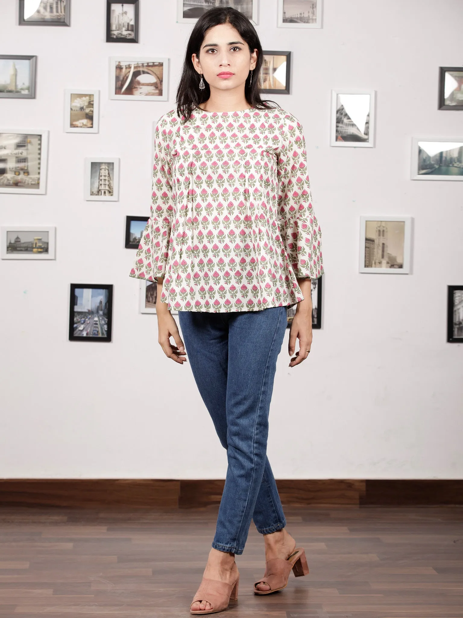 White Green Pink Hand Block Printed Cotton Top With Pleat Details - T23F1057