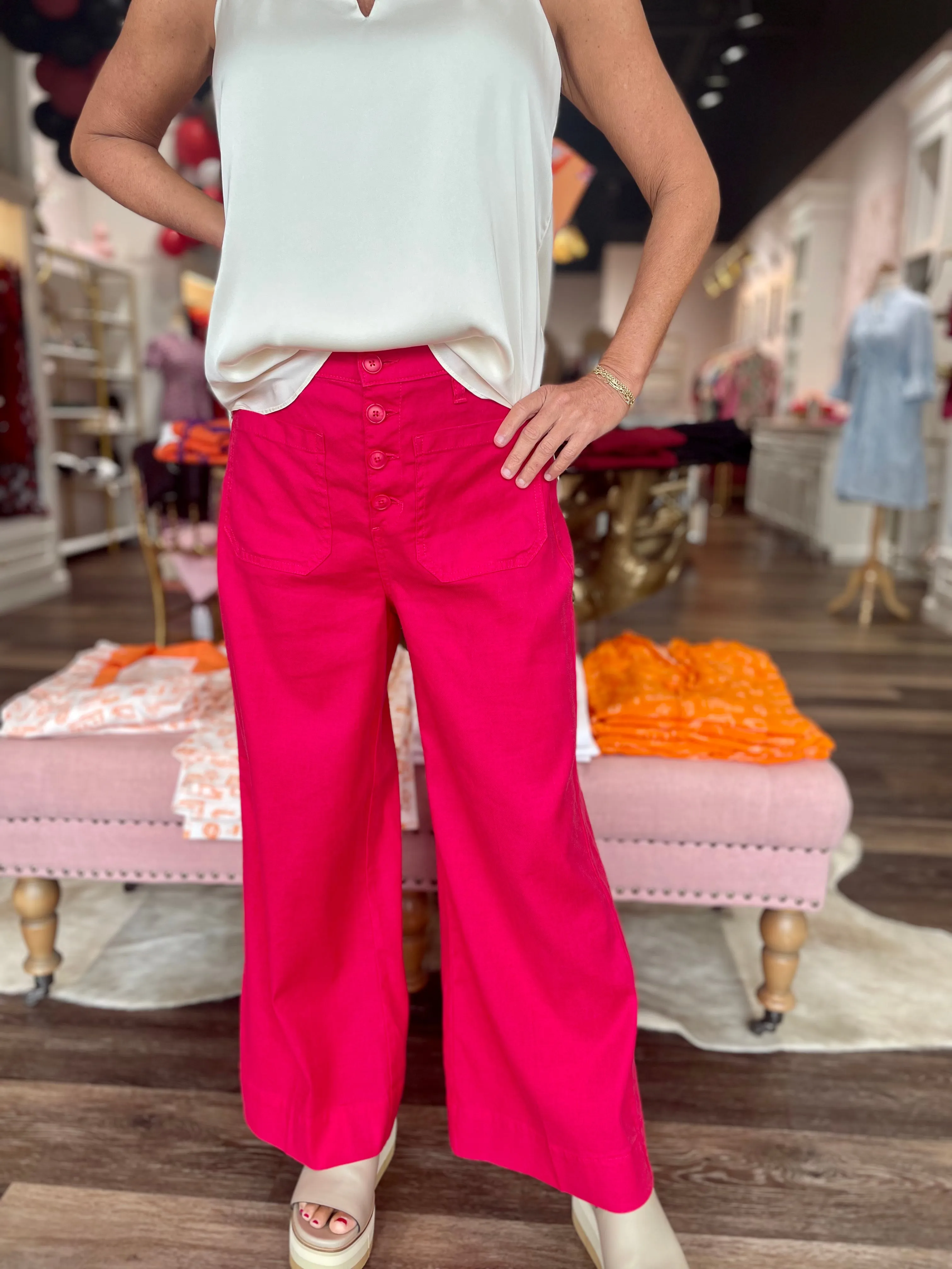 Wide Leg Button Fly Cropped Pant - Radiant