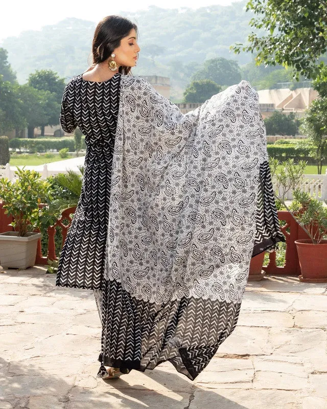 Womens Black Cotton Printed Kurta and Pant Set with Dupatta